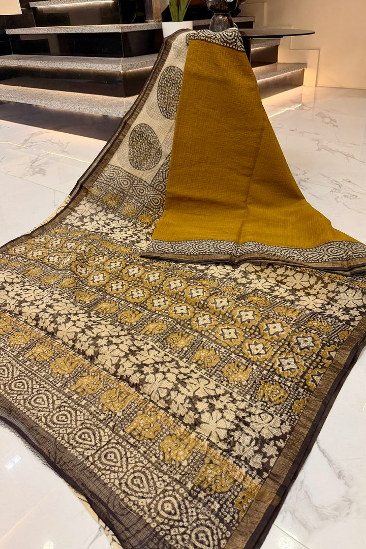 Mustard & Cream Bagru Print Saree with Intricate Elephant & Floral Motifs