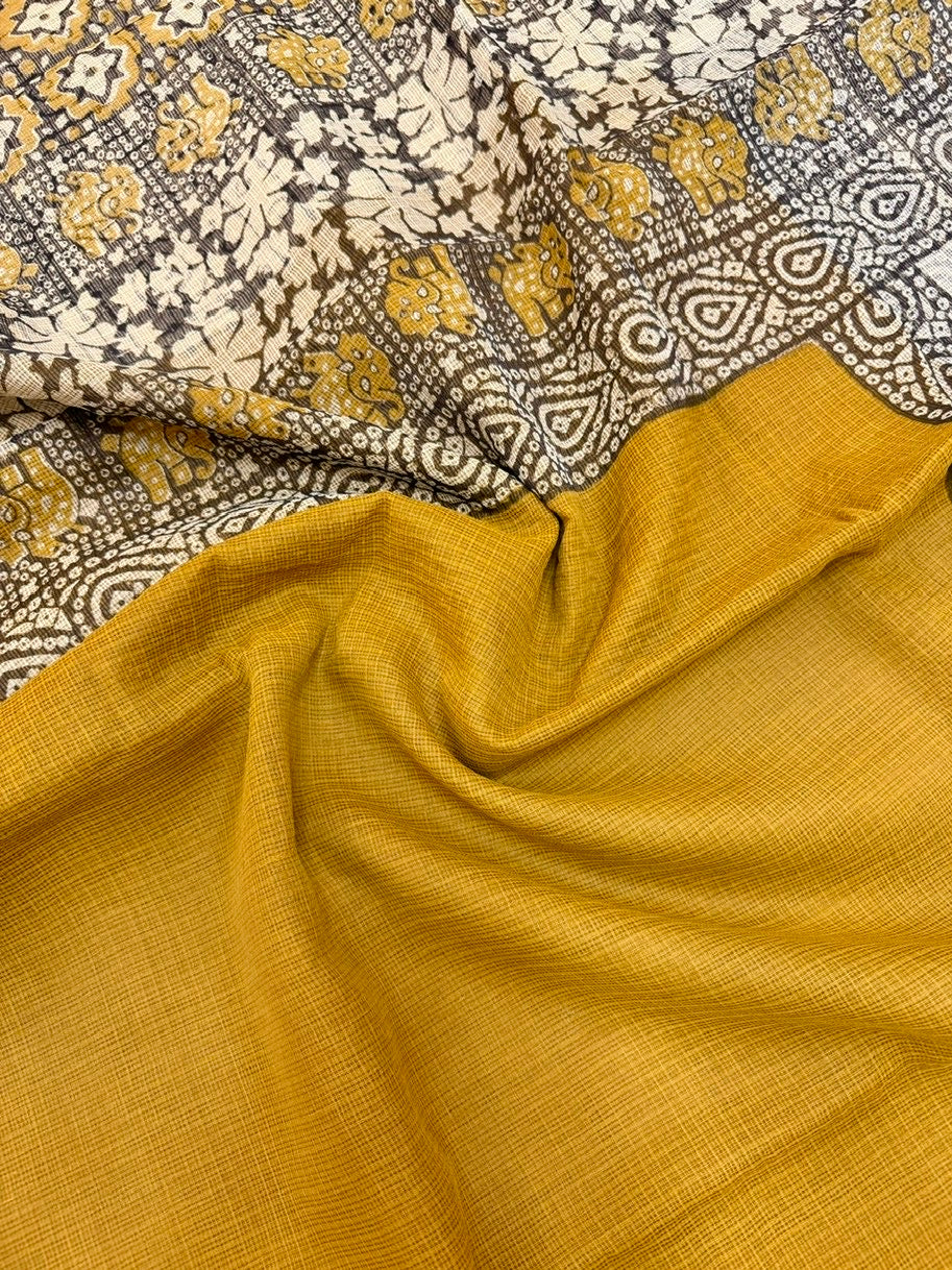 Mustard & Cream Bagru Print Saree with Intricate Elephant & Floral Motifs
