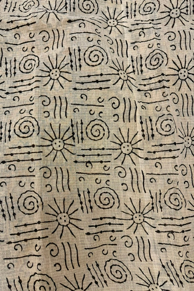 Mustard & Cream Bagru Print Saree with Intricate Elephant & Floral Motifs