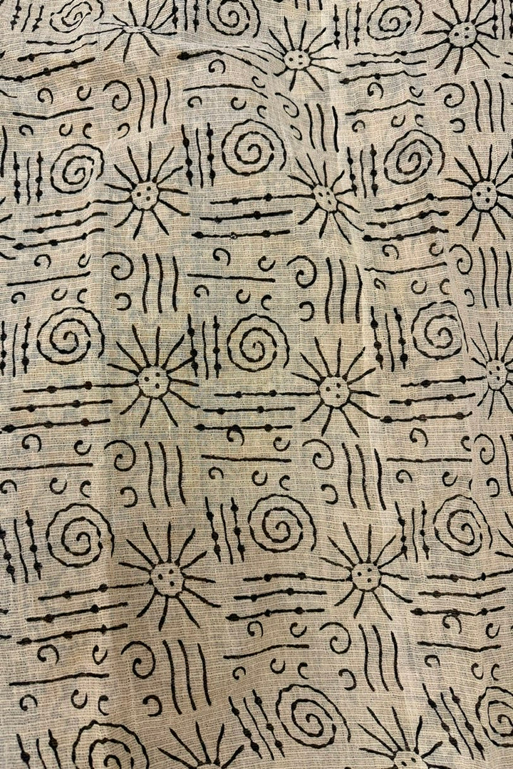Mustard & Cream Bagru Print Saree with Intricate Elephant & Floral Motifs