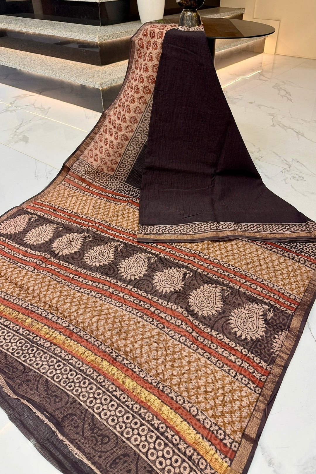 Deep Espresso Brown Kota Doria Saree with Classic Bagru Paisley Patterns