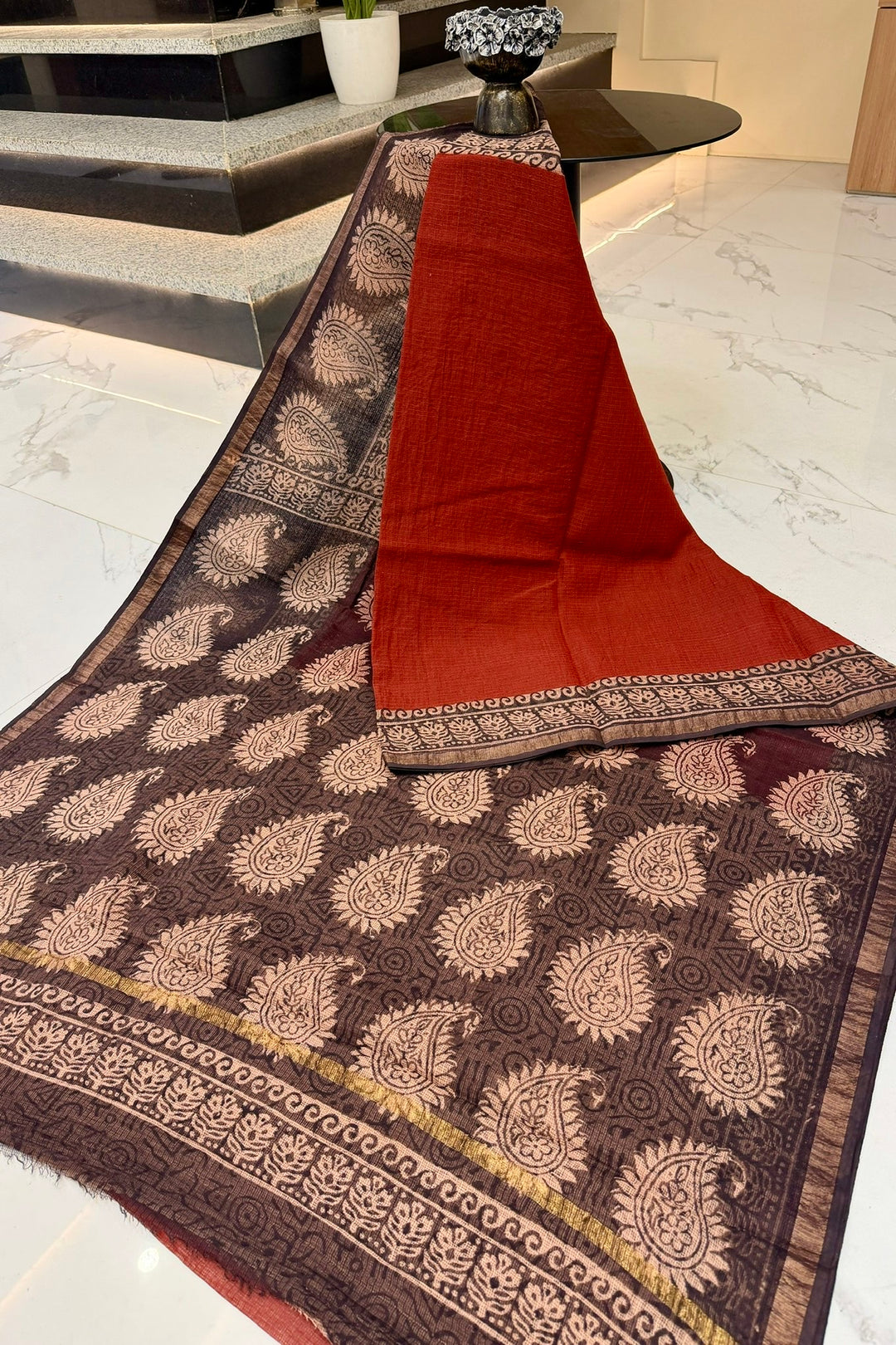 Rustic Maroon Hand-Block Printed Saree with All-Over Paisley (Kalka) Design