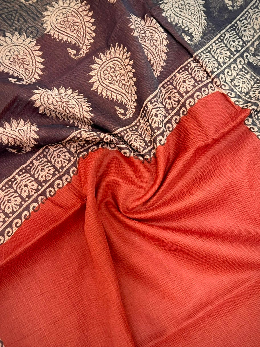 Rustic Maroon Hand-Block Printed Saree with All-Over Paisley (Kalka) Design