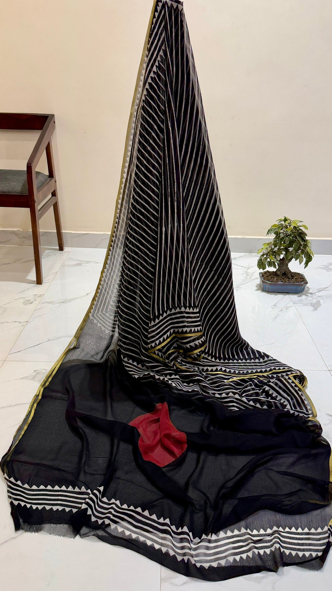 Premium Black Chiffon Saree with White Striped Pattern and Chevron Border