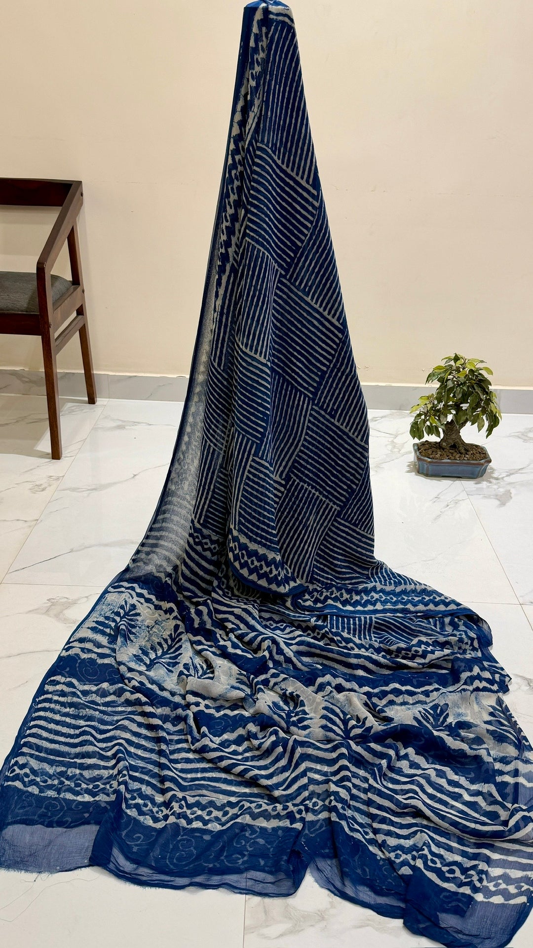 Premium Indigo Blue Chiffon Saree with Geometric Linework Block Print