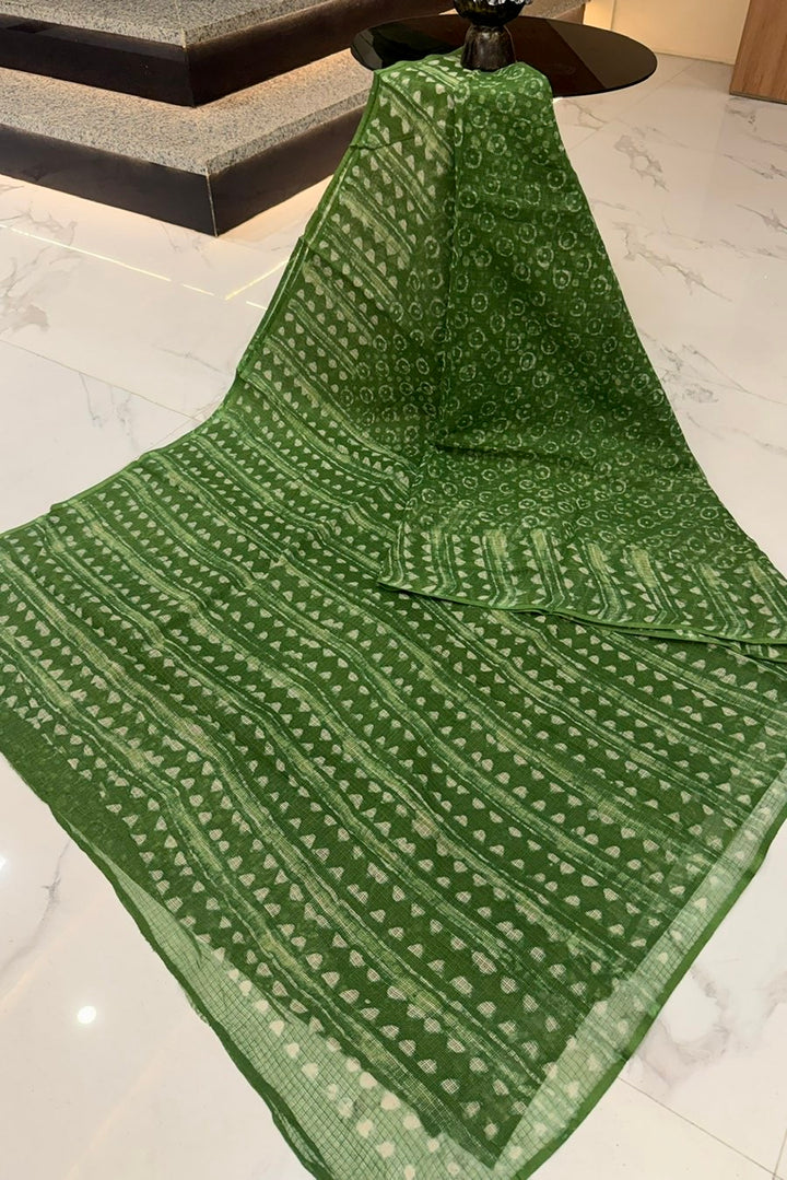 Forest Green Geometric Bagru Print Saree in Breathable Kota Doria Fabric