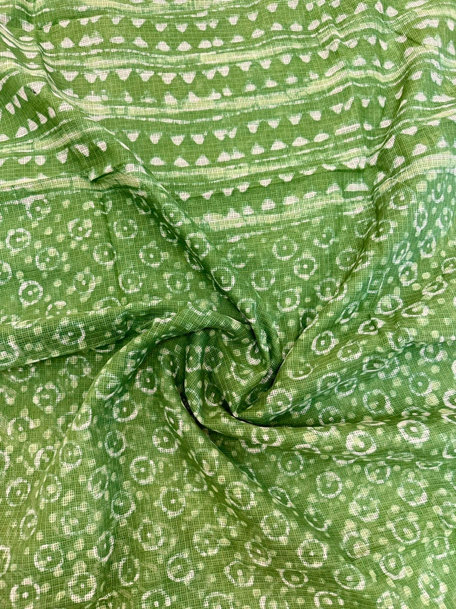 Forest Green Geometric Bagru Print Saree in Breathable Kota Doria Fabric