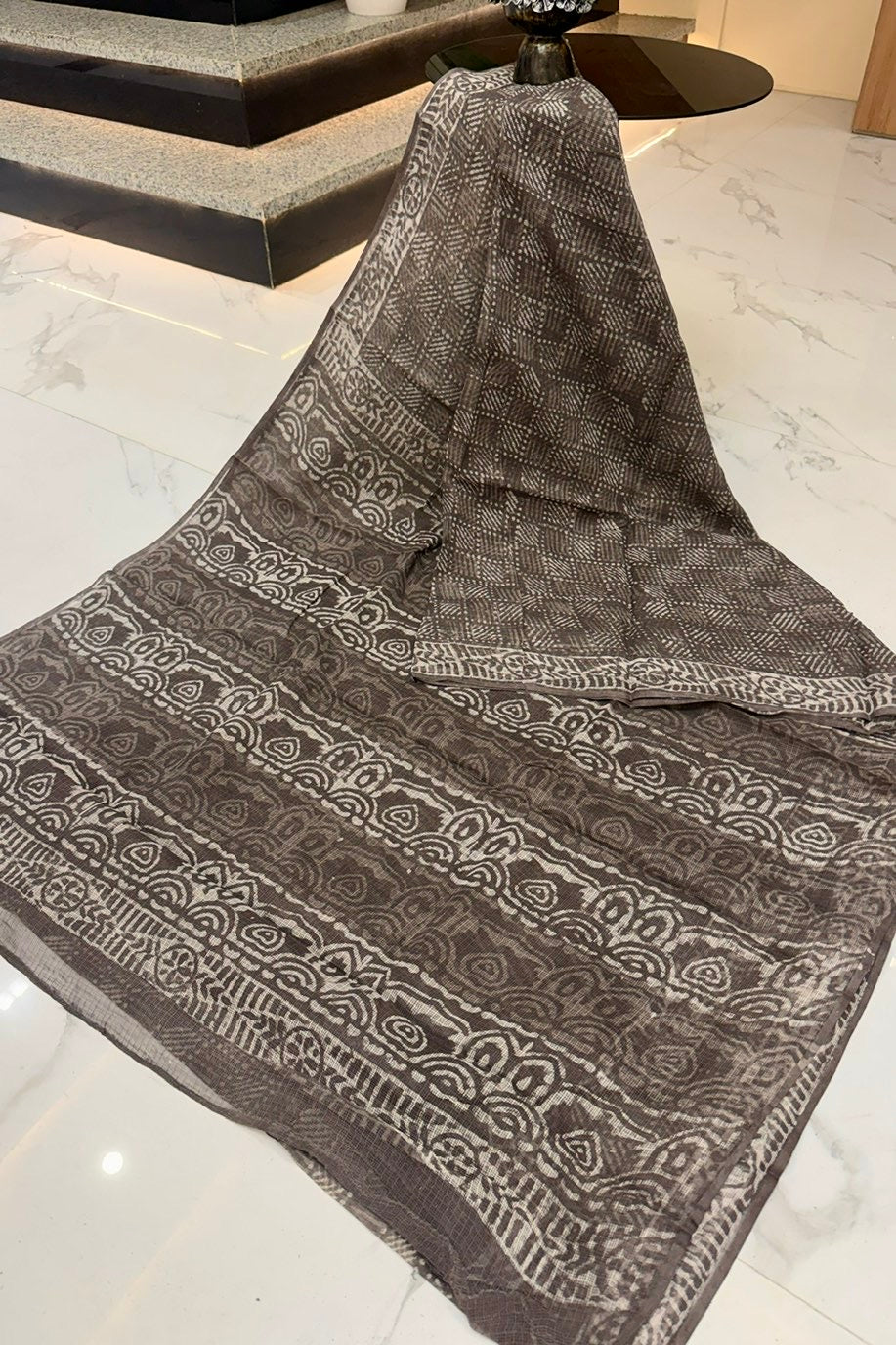 Smoky Grey & Charcoal Hand-Block Printed Saree with Modern Bagru Strokes