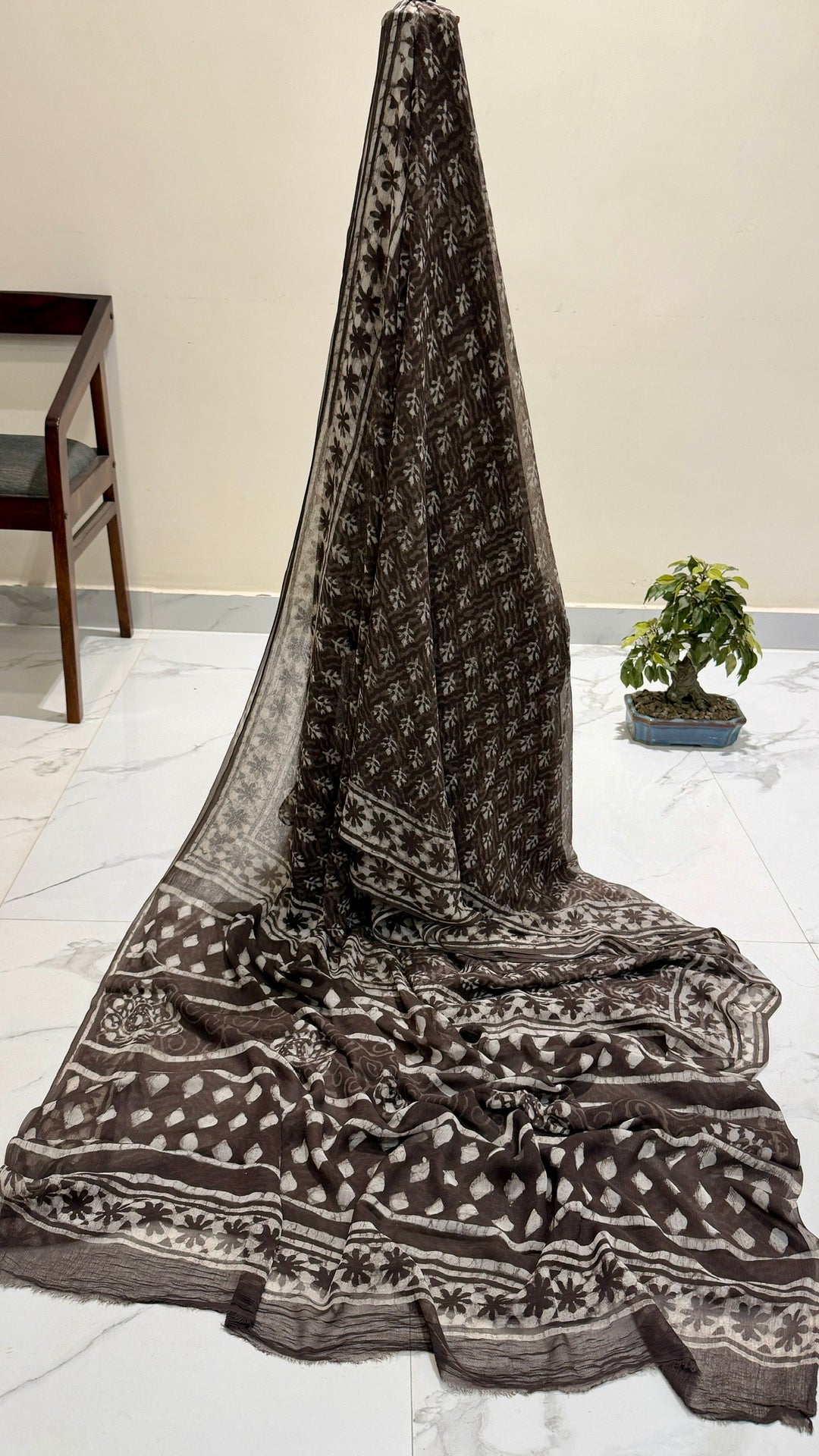 Premium Espresso Brown Chiffon Saree with Traditional Floral Block Print