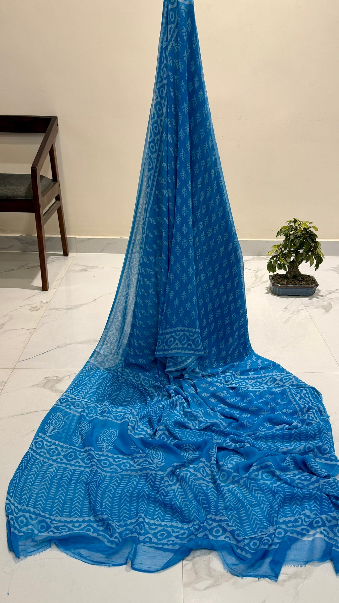 Premium Sky Blue Chiffon Saree with All-Over Traditional Handblock Print