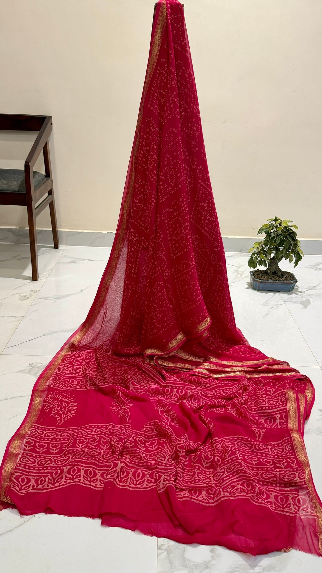 Rani Pink Handblock Printed Premium Chiffon Saree with Zari Border