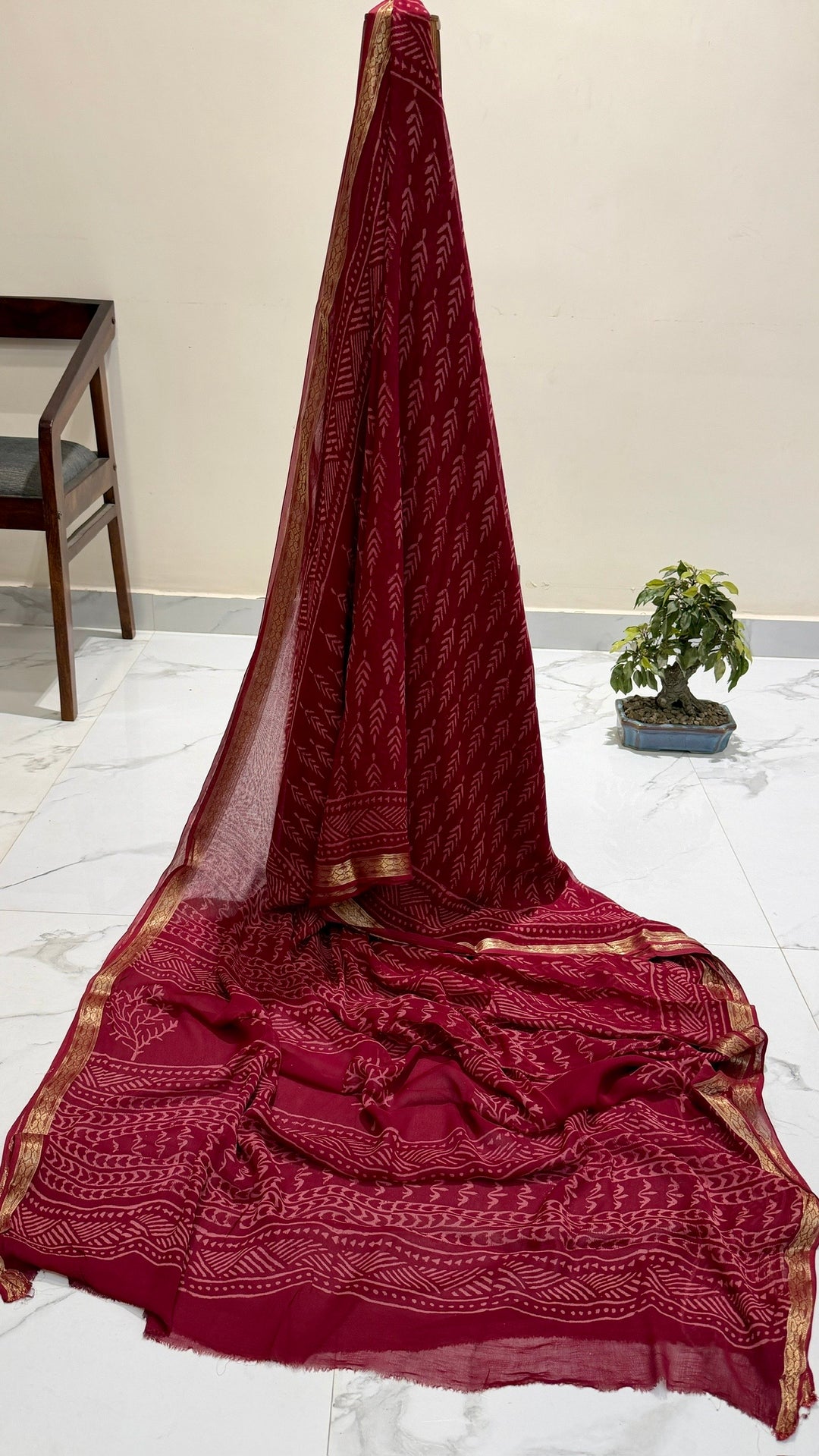 Deep Maroon Handblock Printed Premium Chiffon Saree with Zari Border