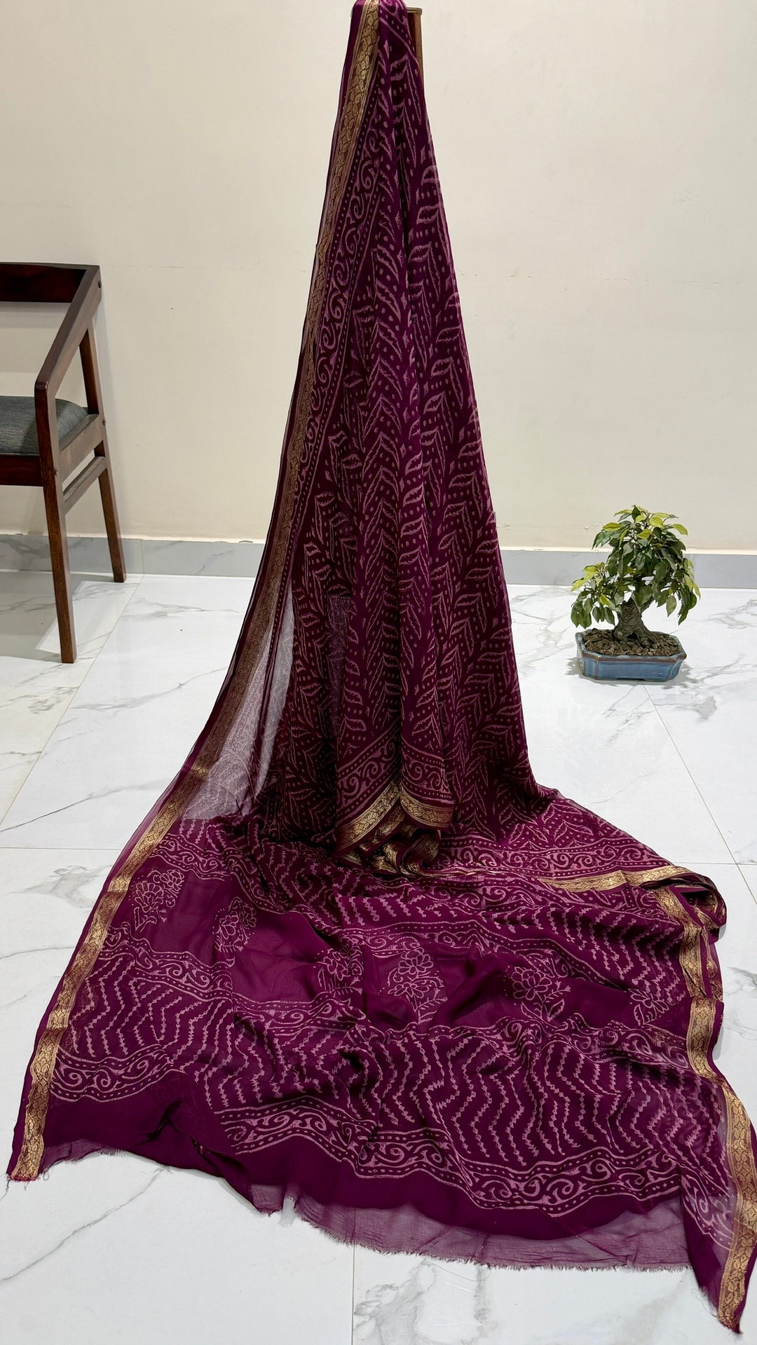 Dark Plum Purple Handblock Printed Premium Chiffon Saree with Zari Border