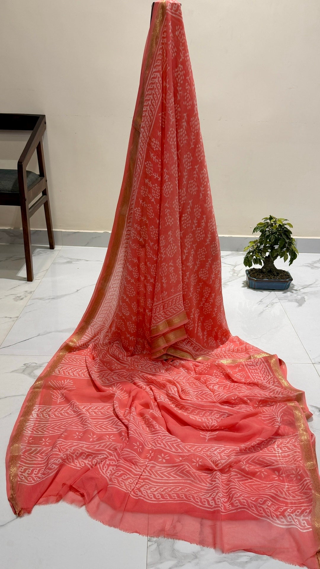 Premium Pastel Peach Chiffon Saree | Delicate Floral Handblock Print