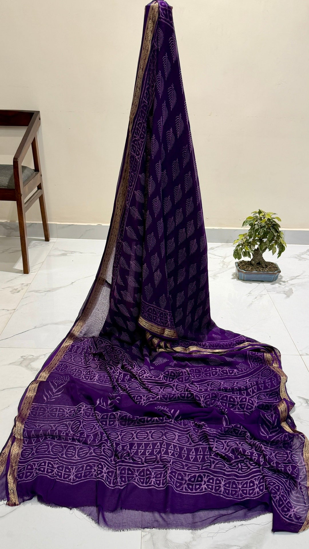 Royal Violet Handblock Printed Premium Chiffon Saree with Zari Border