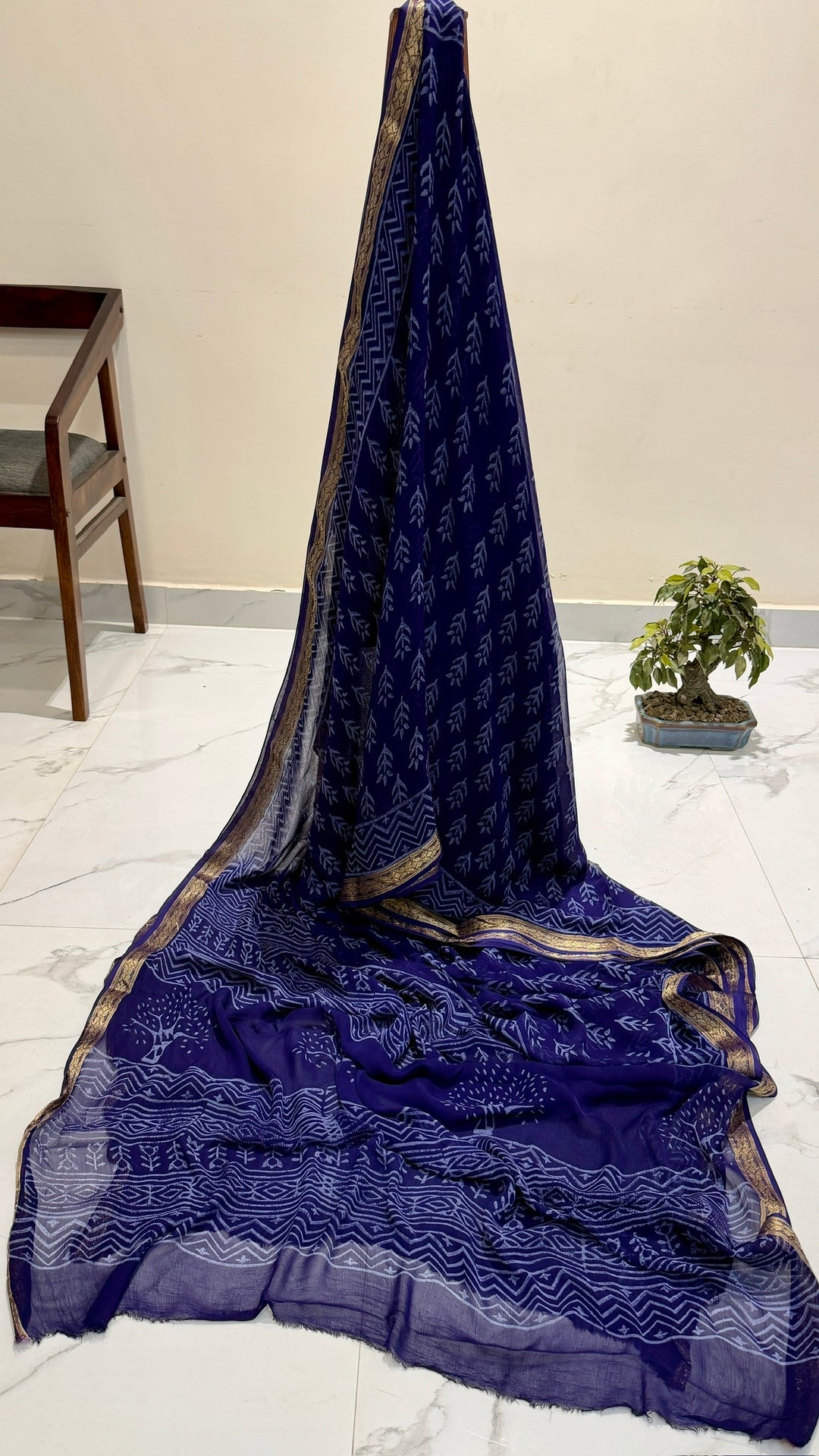 Indigo Blue Handblock Printed Premium Chiffon Saree with Zari Border