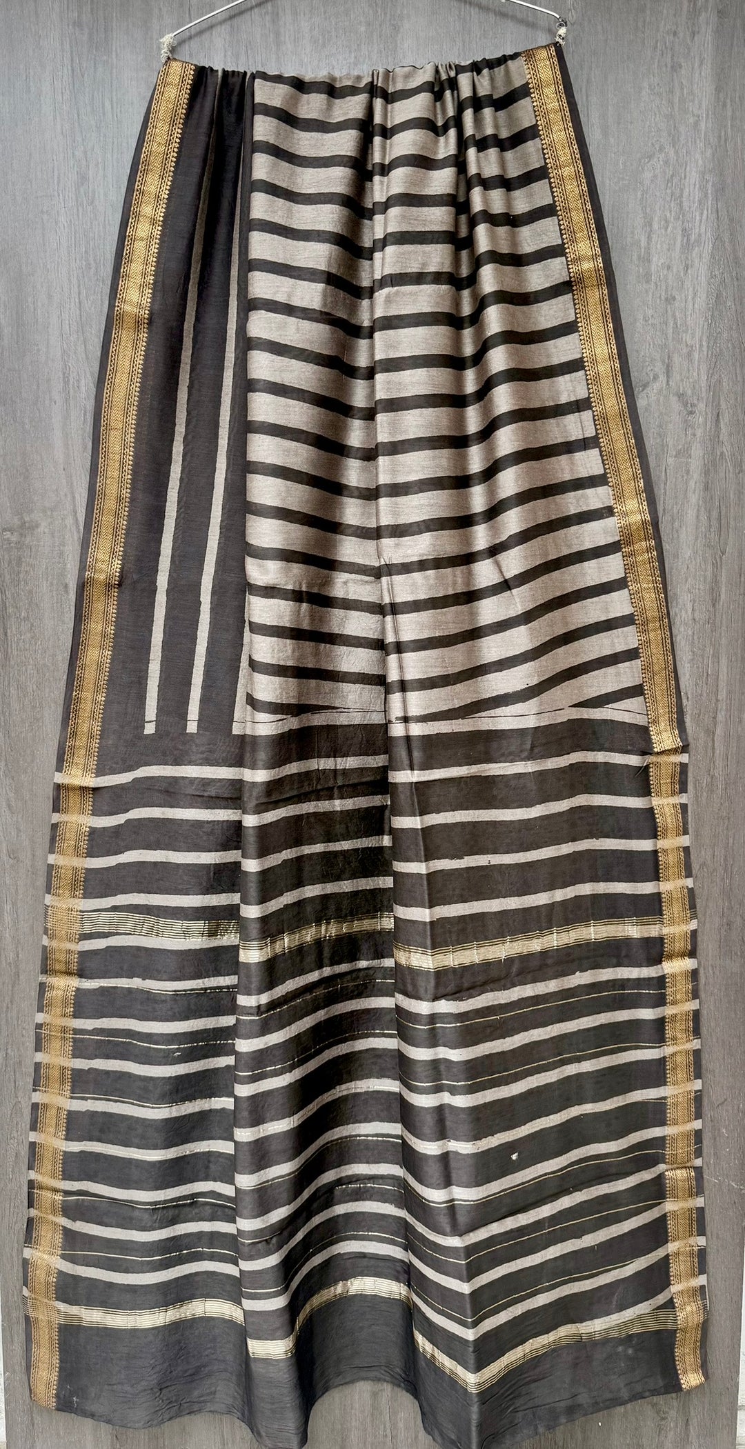 Charcoal Grey, Striped, Handblock, Maheshwari Silk