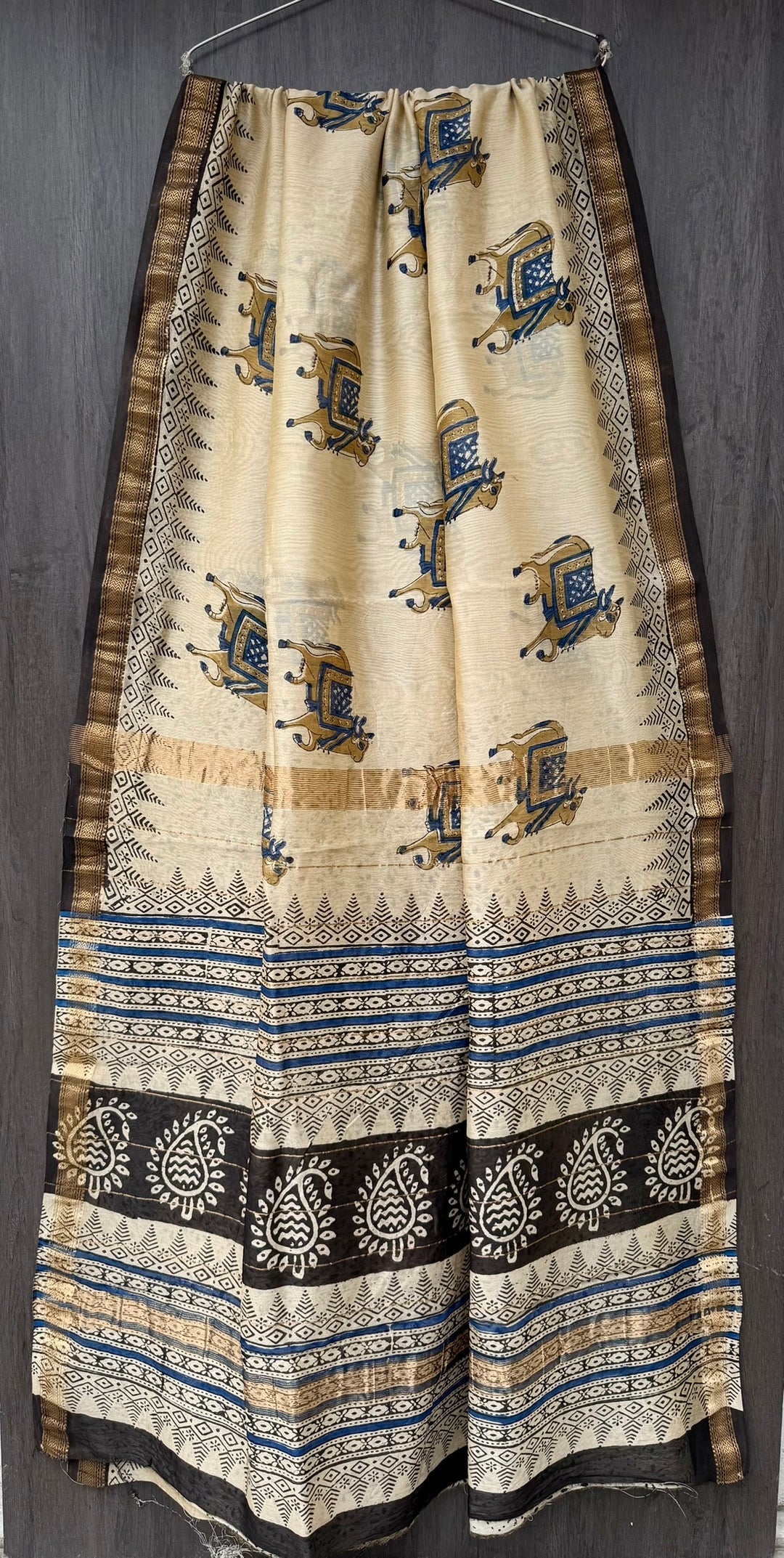 Cream, Indigo Blue, Bull Motif, Maheshwari Silk