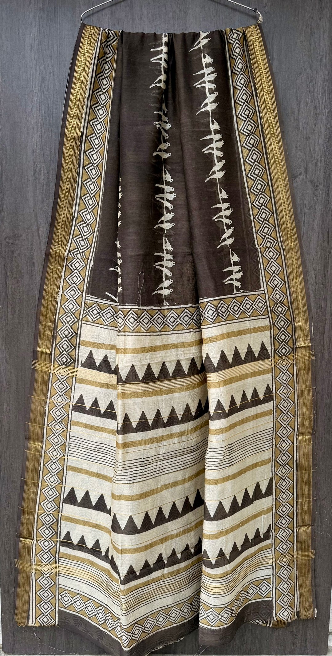 Dark Brown, Bird Motif, Geometric, Maheshwari Silk