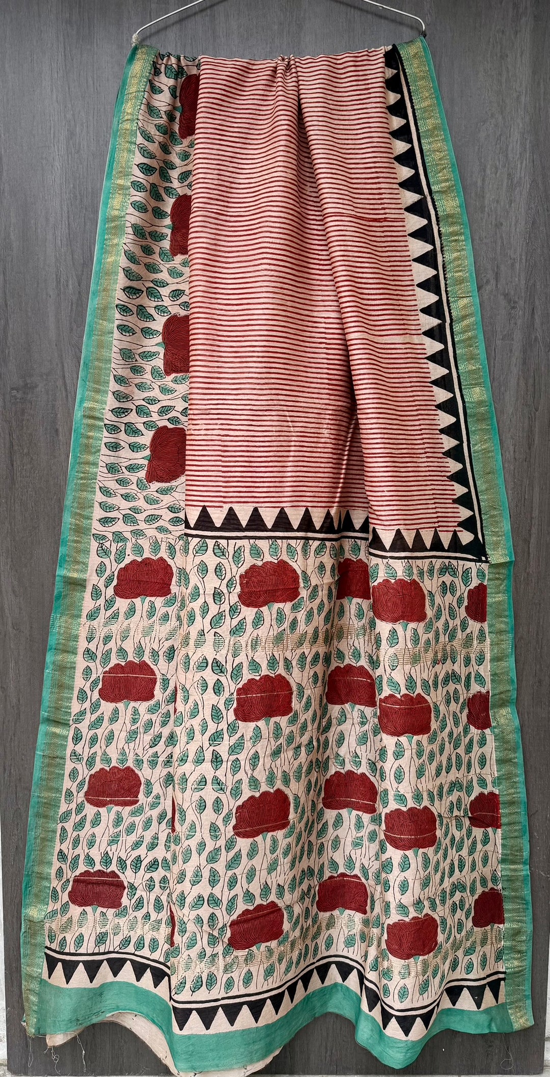 Maroon, Floral Motif, Striped, Maheshwari Silk
