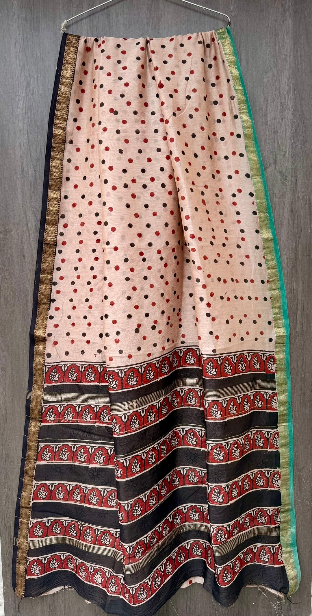 Beige, Polka Dot, Red & Black Border, Maheshwari Silk