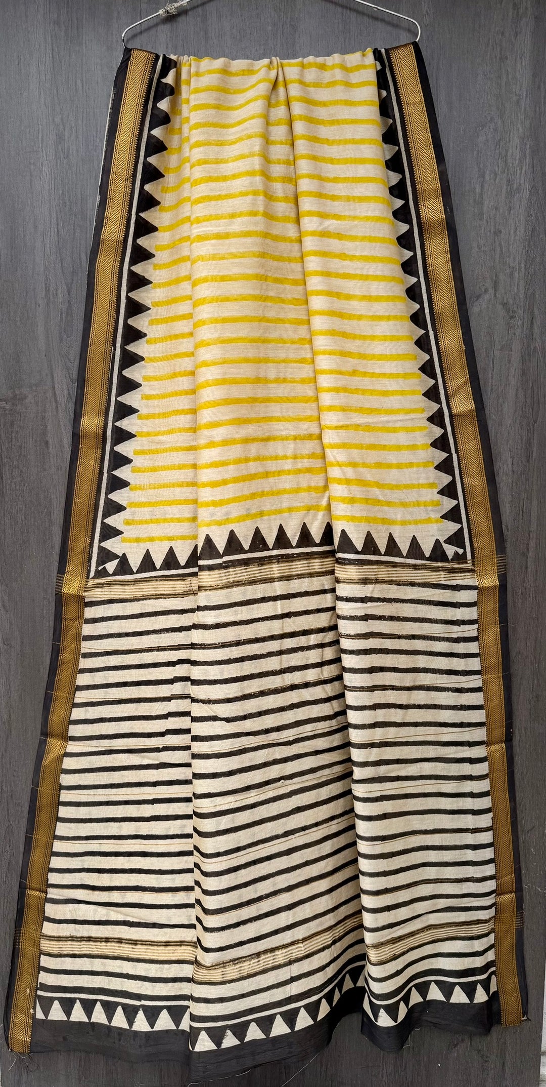 Mustard Yellow, Black, Striped, Maheshwari Silk