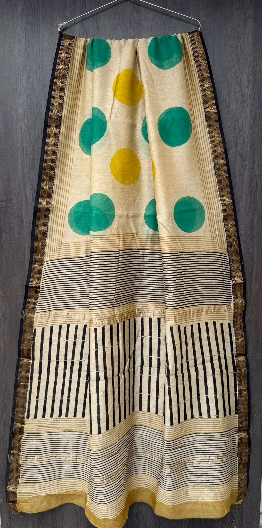 Beige, Emerald Yellow Polka Dots, Striped, Maheshwari Silk