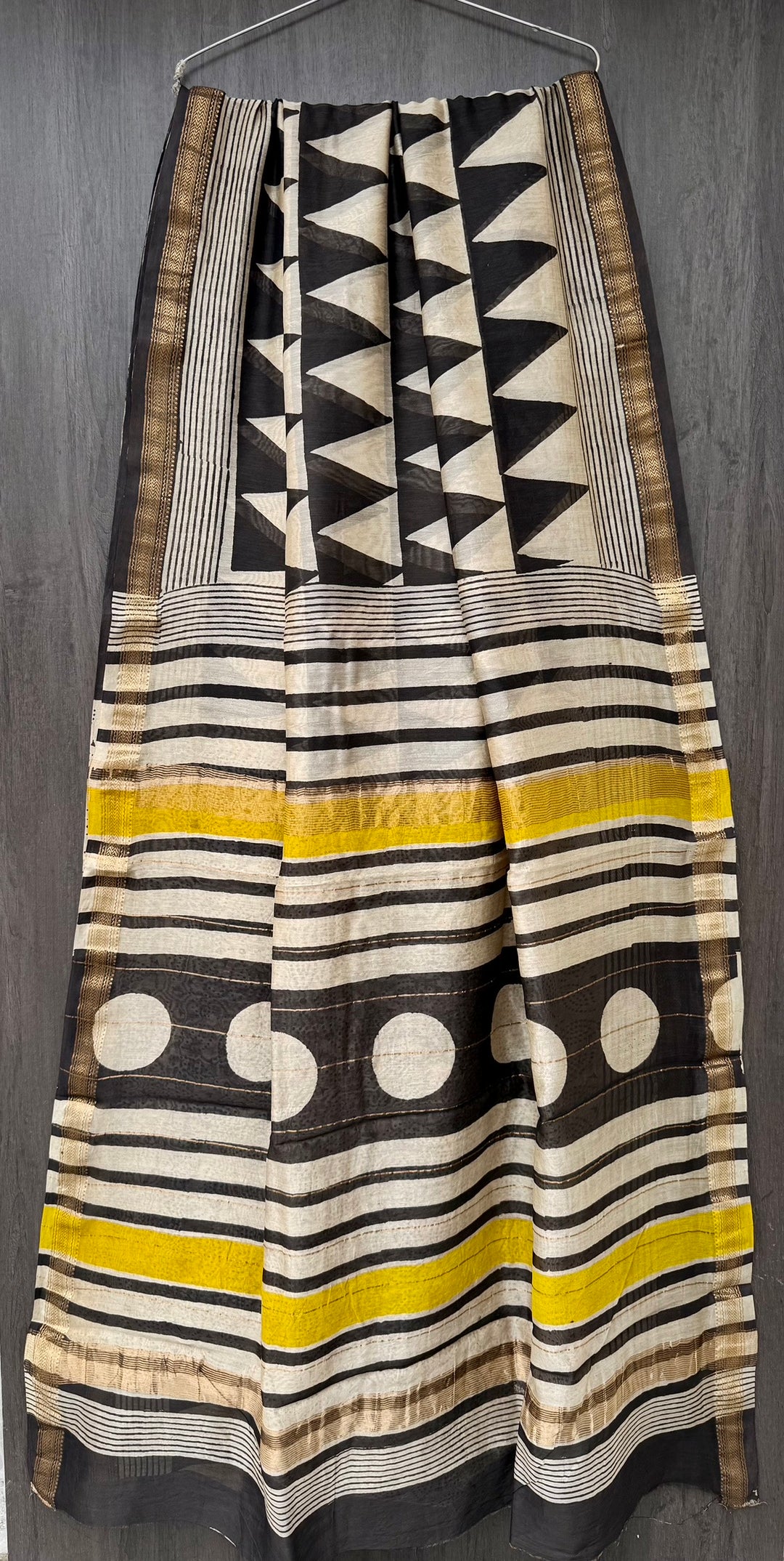 Pure Maheshwari Silk Handblock Printed Saree in Black, Off-White & Yellow Geometric Stripes & Polka Dots