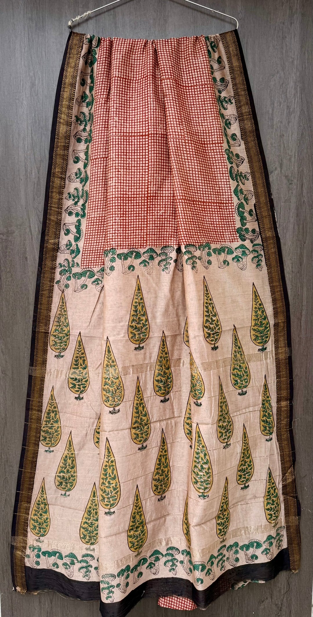 Pure Maheshwari Silk Handblock Printed Saree in Beige & Terracotta Red with Green Tree & Mushroom Motif Print