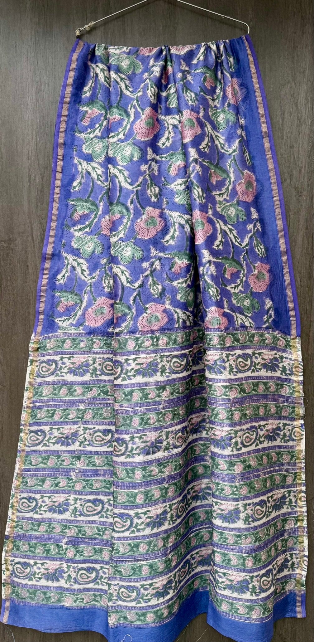 Royal Blue & Dusty Pink Floral Jaal Chanderi Bagru Handblock Printed Silk Cotton Saree With Blouse