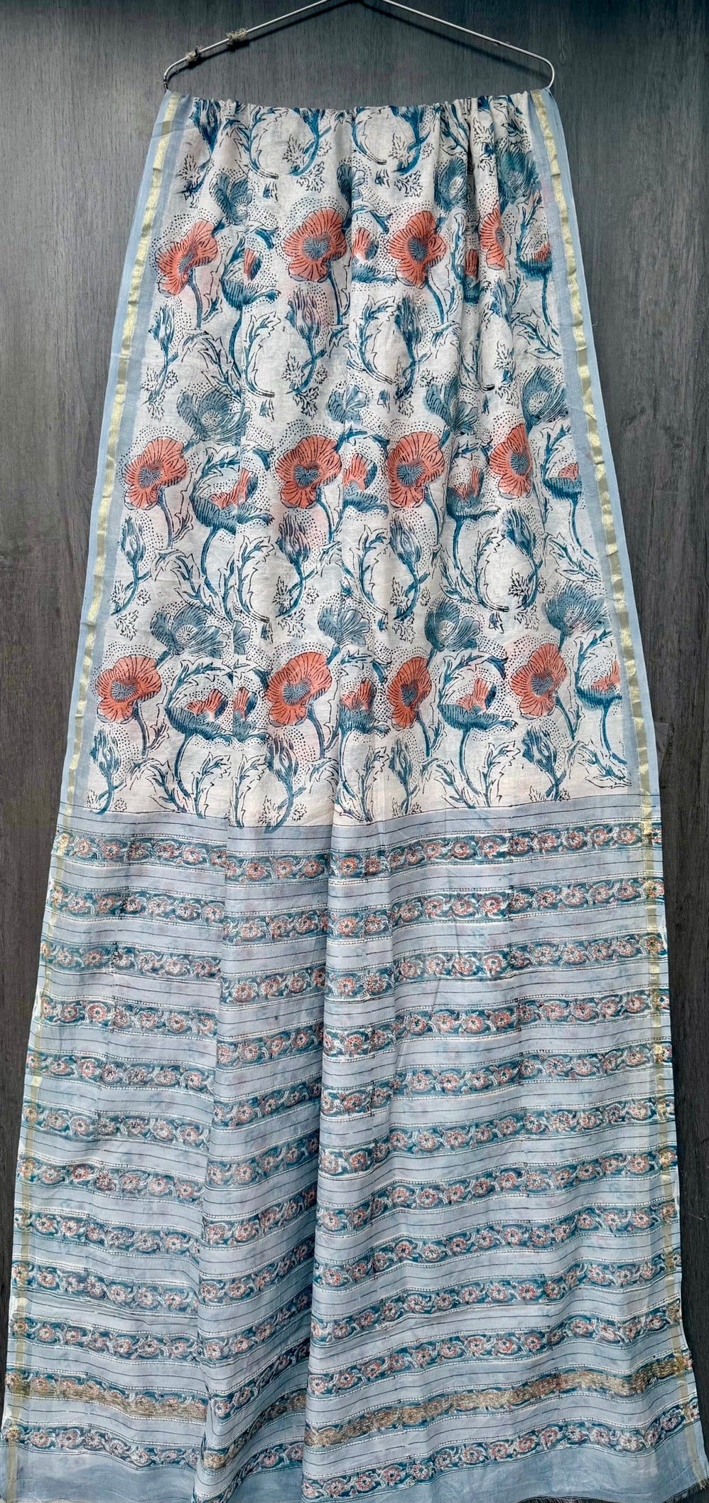 Ivory & Peach Floral Vine Chanderi Bagru Handblock Printed Silk Cotton Saree With Blouse