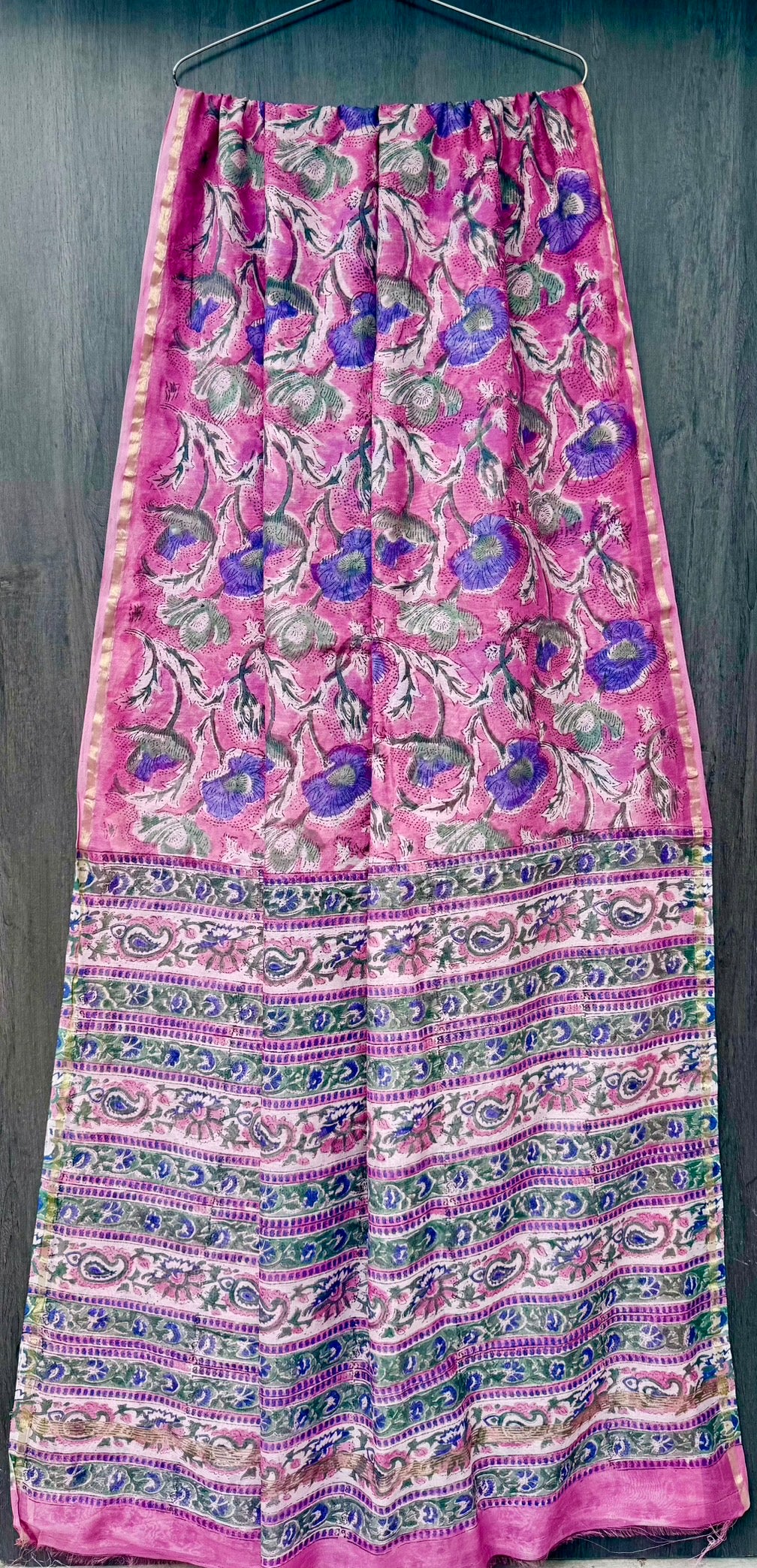 Fuchsia Pink & Violet Floral Jaal Chanderi Bagru Handblock Printed Silk Cotton Saree With Blouse
