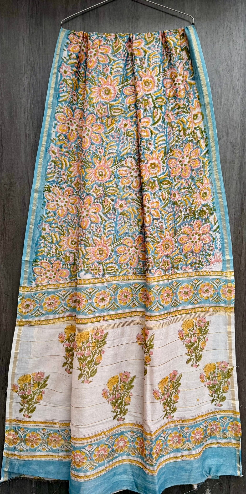 Sky Blue & Pastel Yellow Floral Boota Chanderi Bagru Handblock Printed Silk Cotton Saree With Blouse