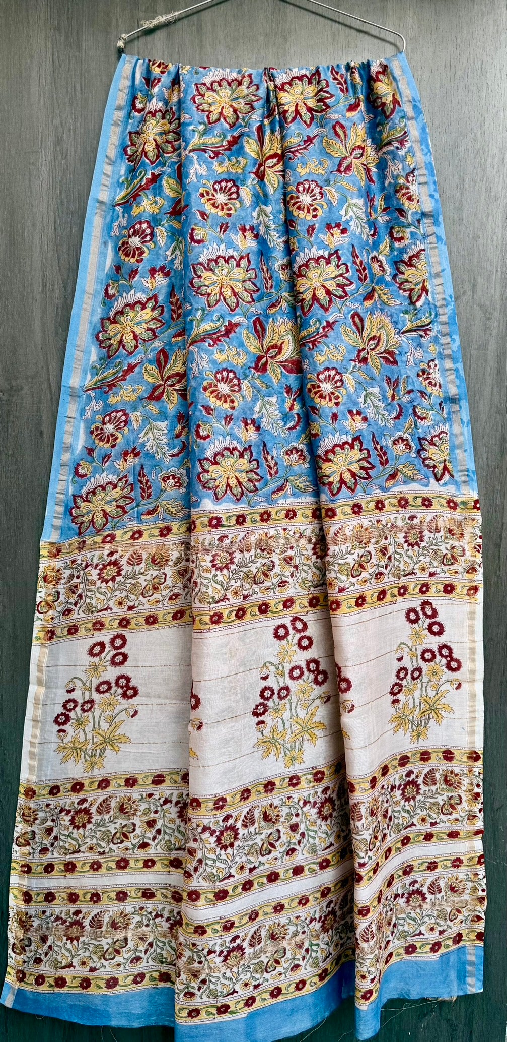 Cerulean Blue & Maroon Floral Jaal Chanderi Bagru Handblock Printed Silk Cotton Saree With Blouse