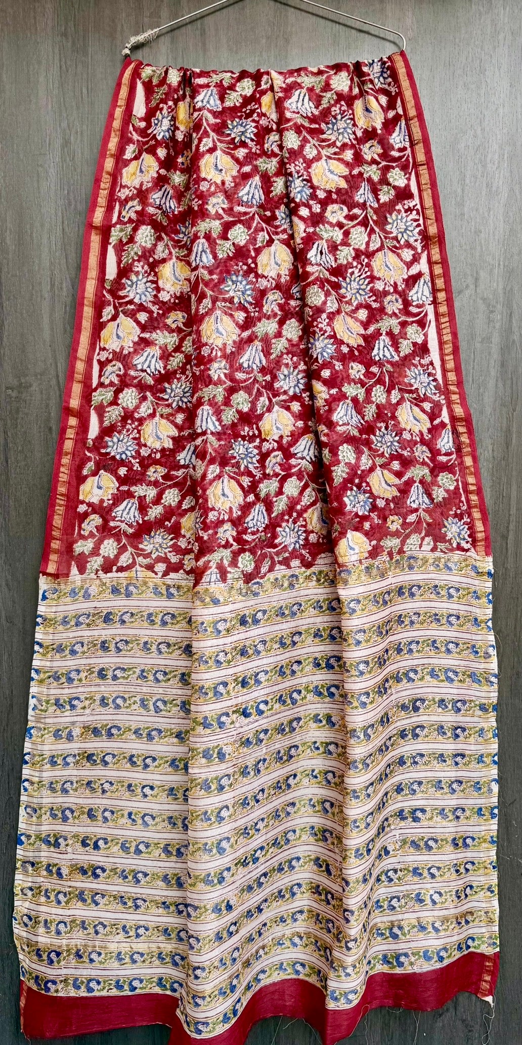 Deep Maroon & Yellow Floral Jaal Chanderi Bagru Handblock Printed Silk Cotton Saree With Blouse