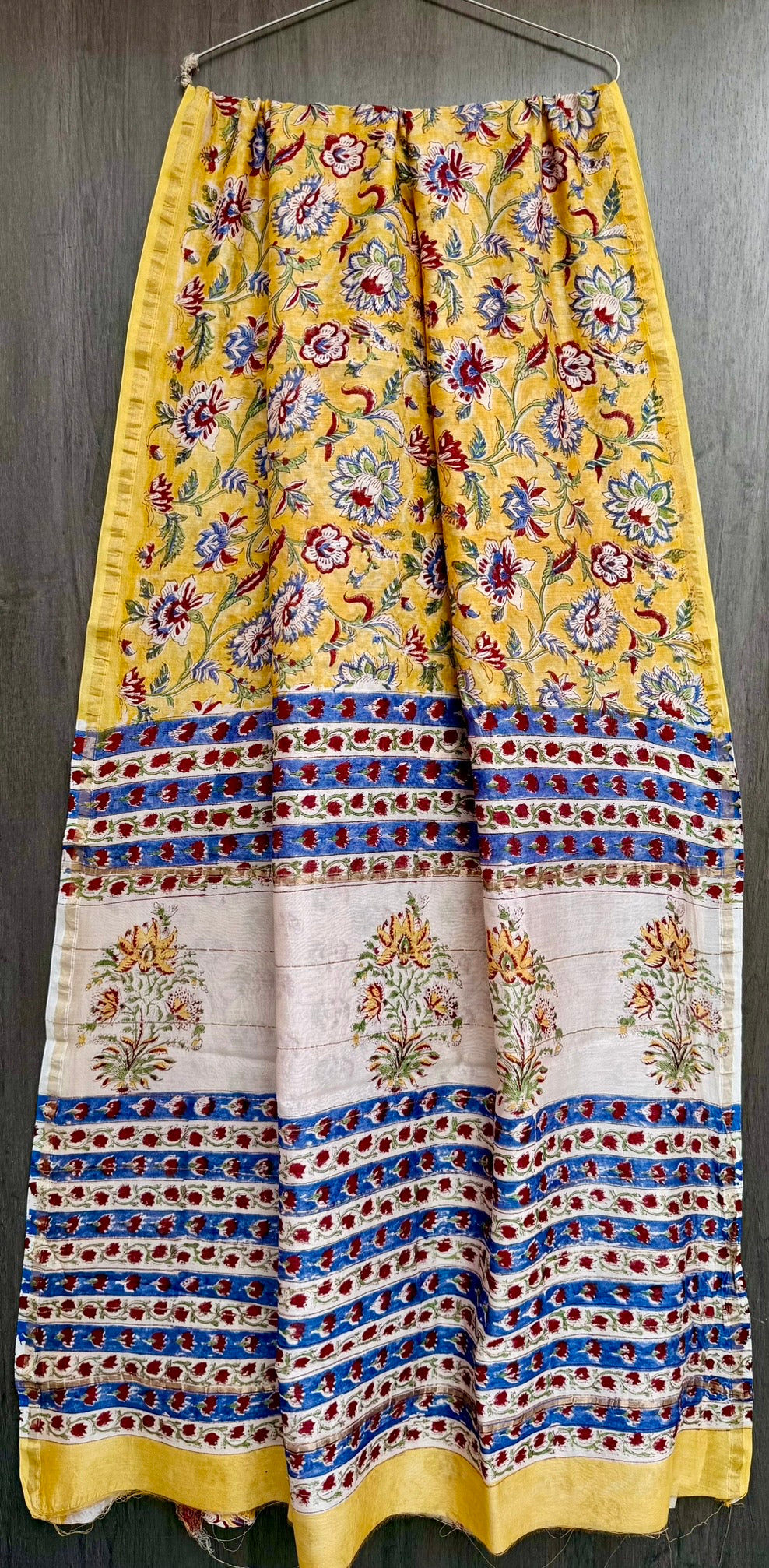 Mustard Yellow & Cobalt Blue Floral Jaal Chanderi Bagru Handblock Printed Silk Cotton Saree With Blouse