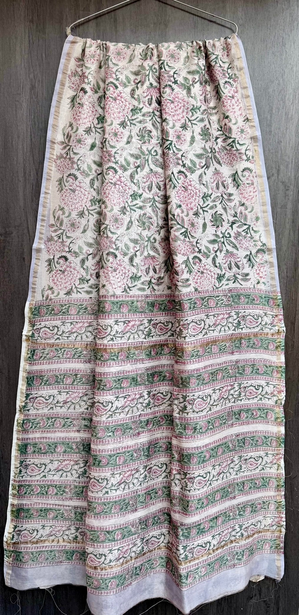 Off-White & Pastel Pink Floral Jaal Chanderi Bagru Handblock Printed Silk Cotton Saree With Blouse
