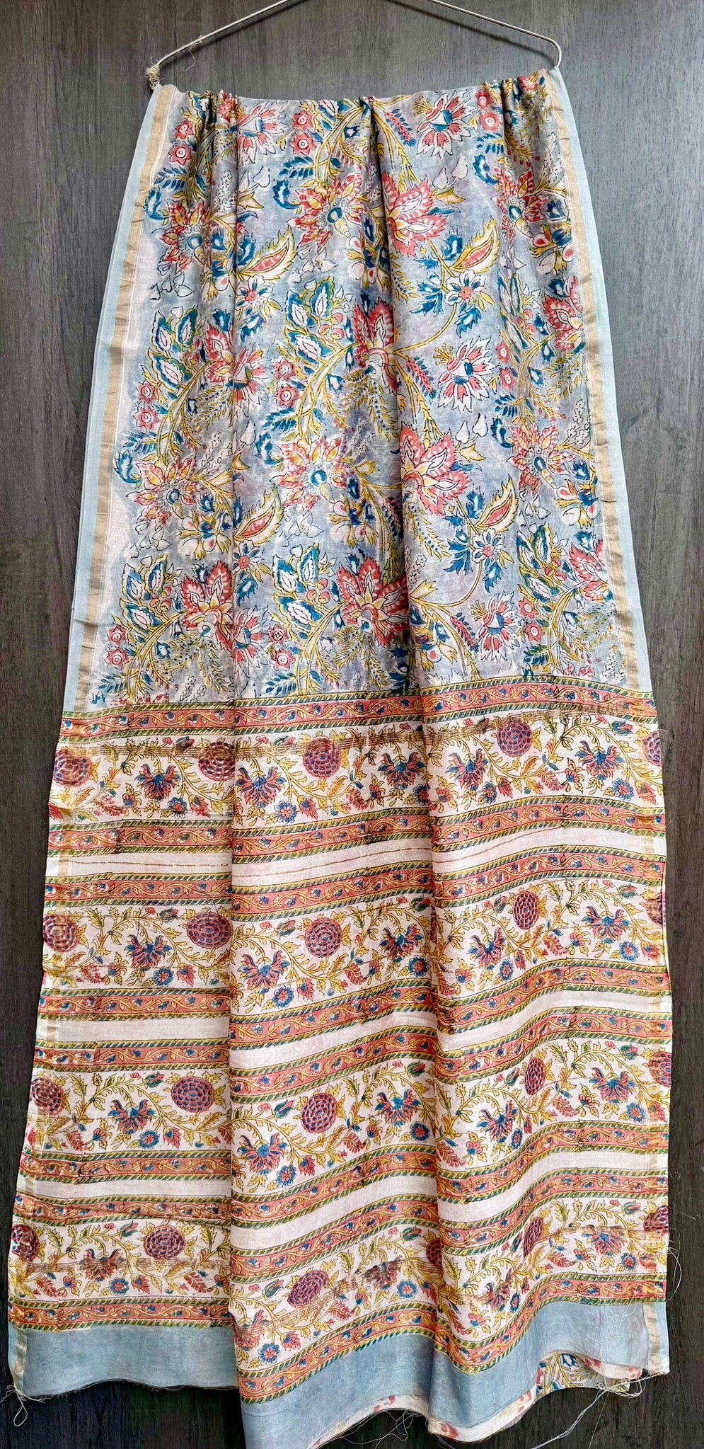 Dusty Blue & Coral Pink Floral Jaal Chanderi Silk Cotton Handblock Printed Saree with Blouse