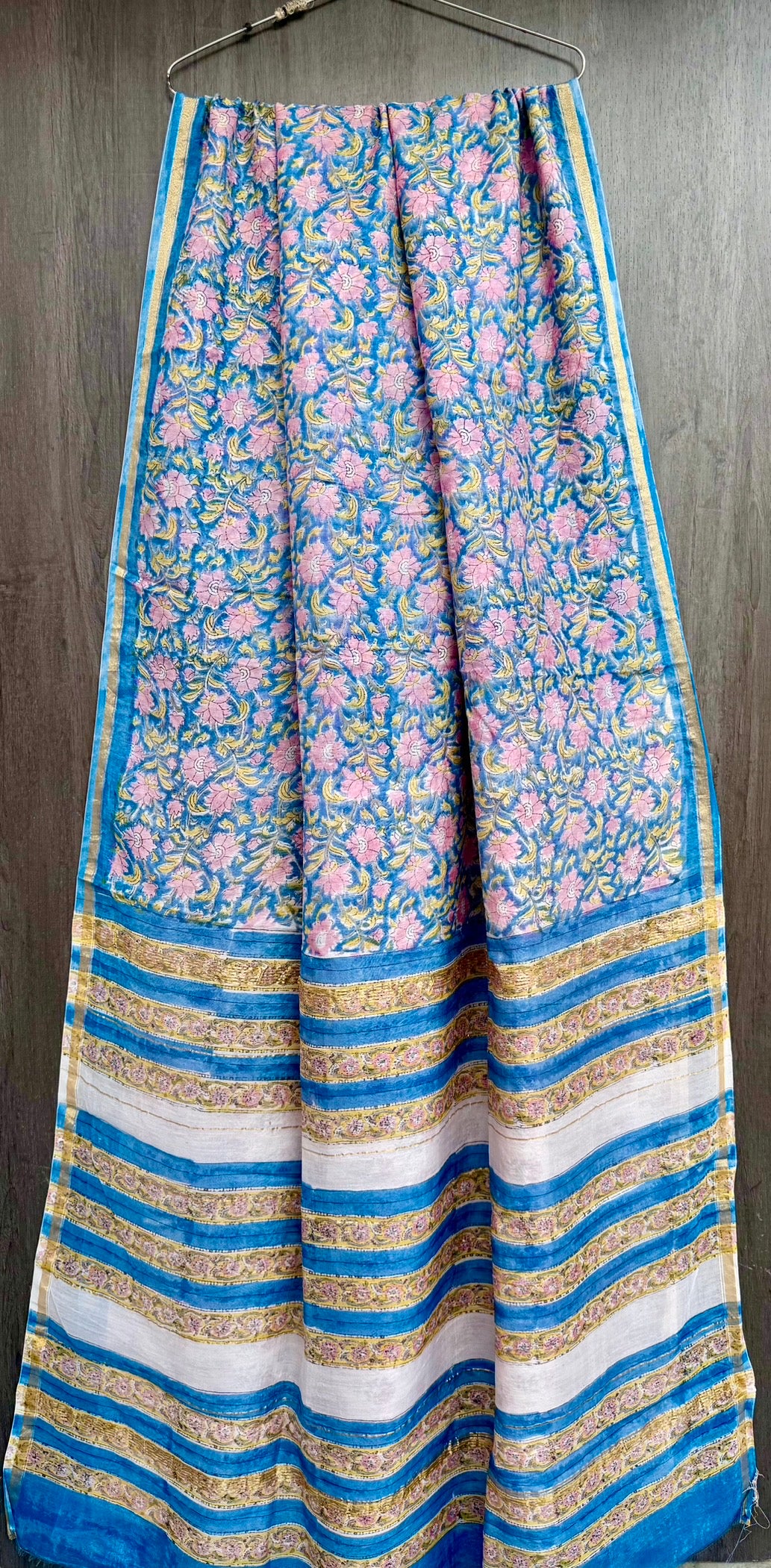 Cerulean Blue & Blush Pink Floral Jaal Chanderi Silk Cotton Handblock Saree with Blouse