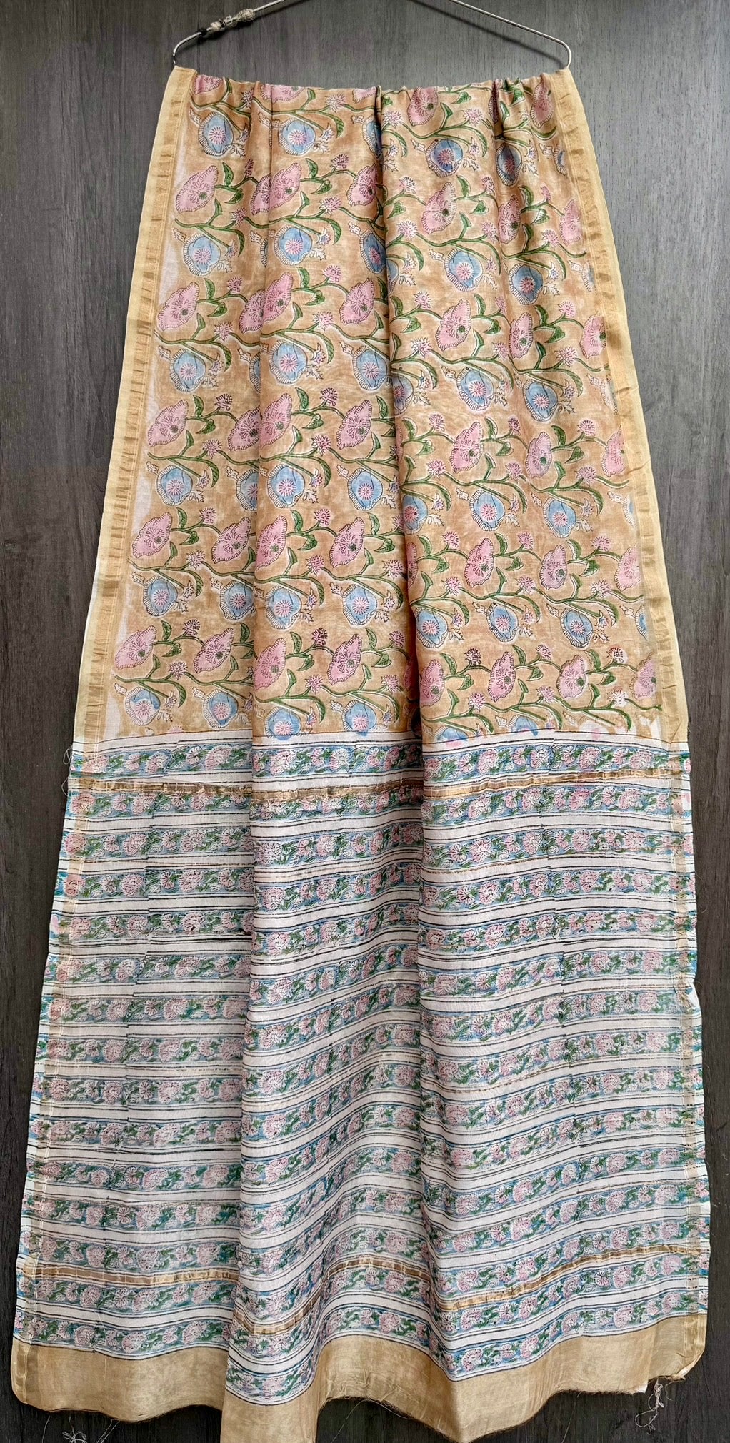 Beige Tan & Pastel Pink Floral Vine Chanderi Silk Cotton Handblock Saree with Blouse