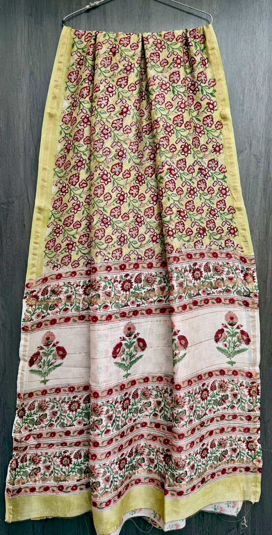 Lime Green & Crimson Maroon Floral Jaal Chanderi Silk Cotton Handblock Saree with Blouse