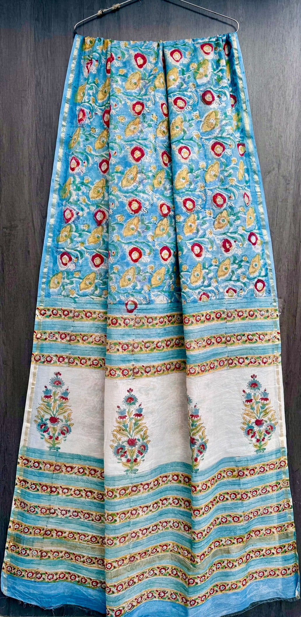 Sky Blue & Mustard Floral Jaal with Mughal Buta Chanderi Silk Cotton Saree with Blouse