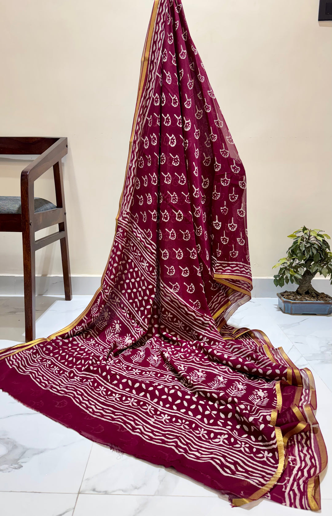 Deep Wine Chiffon Saree with Traditional White Block Print and Zari Border