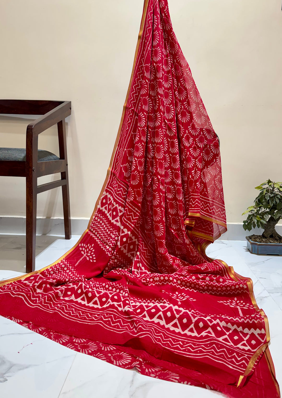 Scarlet Red Chiffon Saree with Geometric Sunburst Block Prints