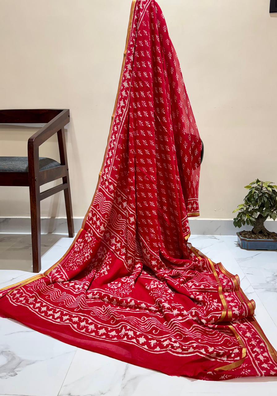 Crimson Red Chiffon Saree with Wave and Floral Block Print
