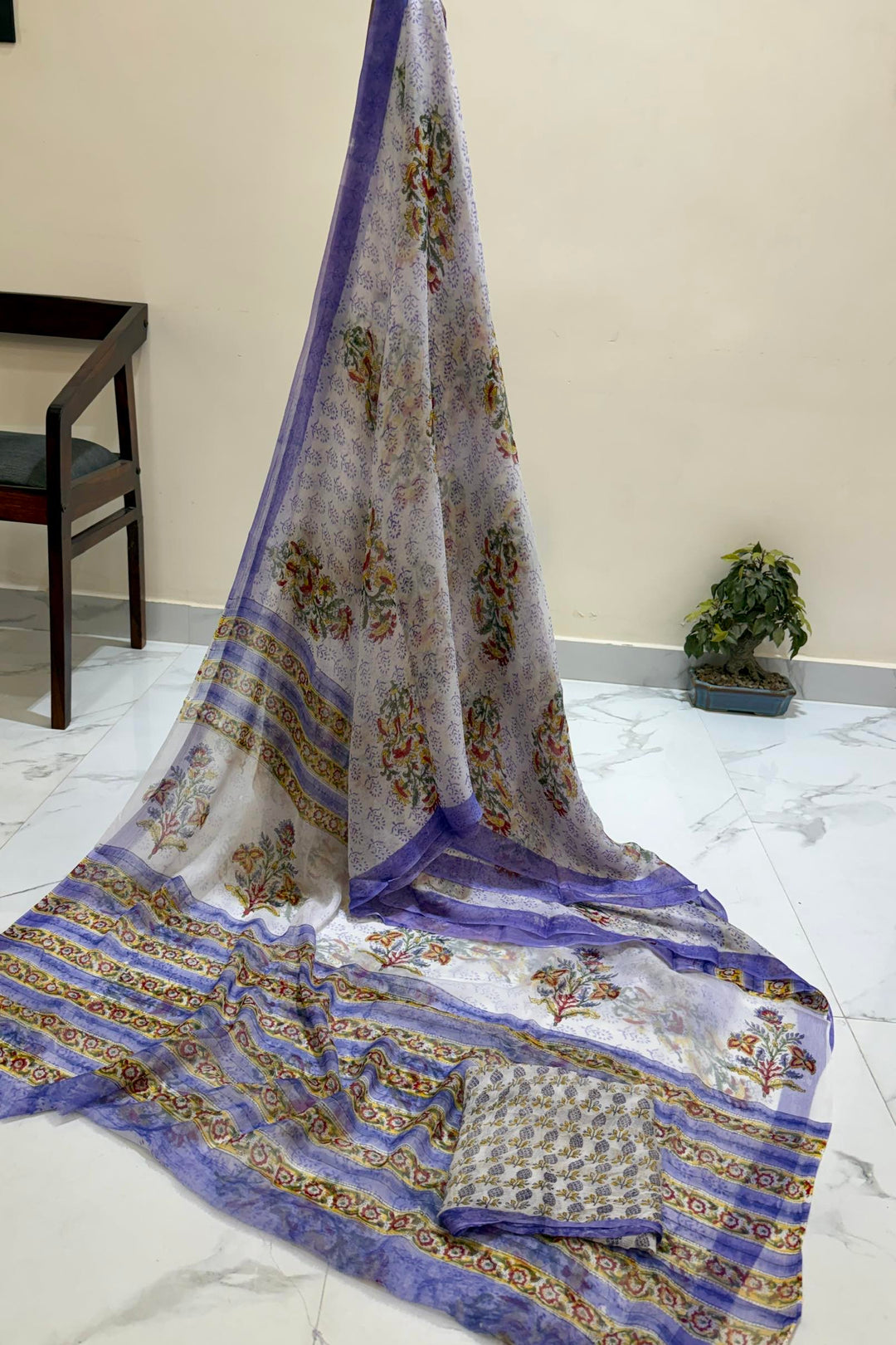 White & Lavender Floral Buti Double Diamond Chiffon Saree