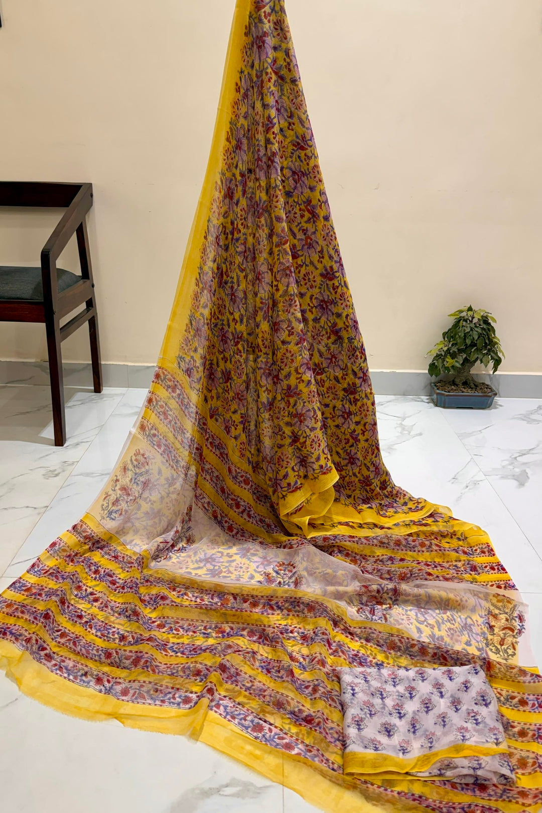 Bright Yellow & Pink Lotus Print Double Diamond Chiffon Saree
