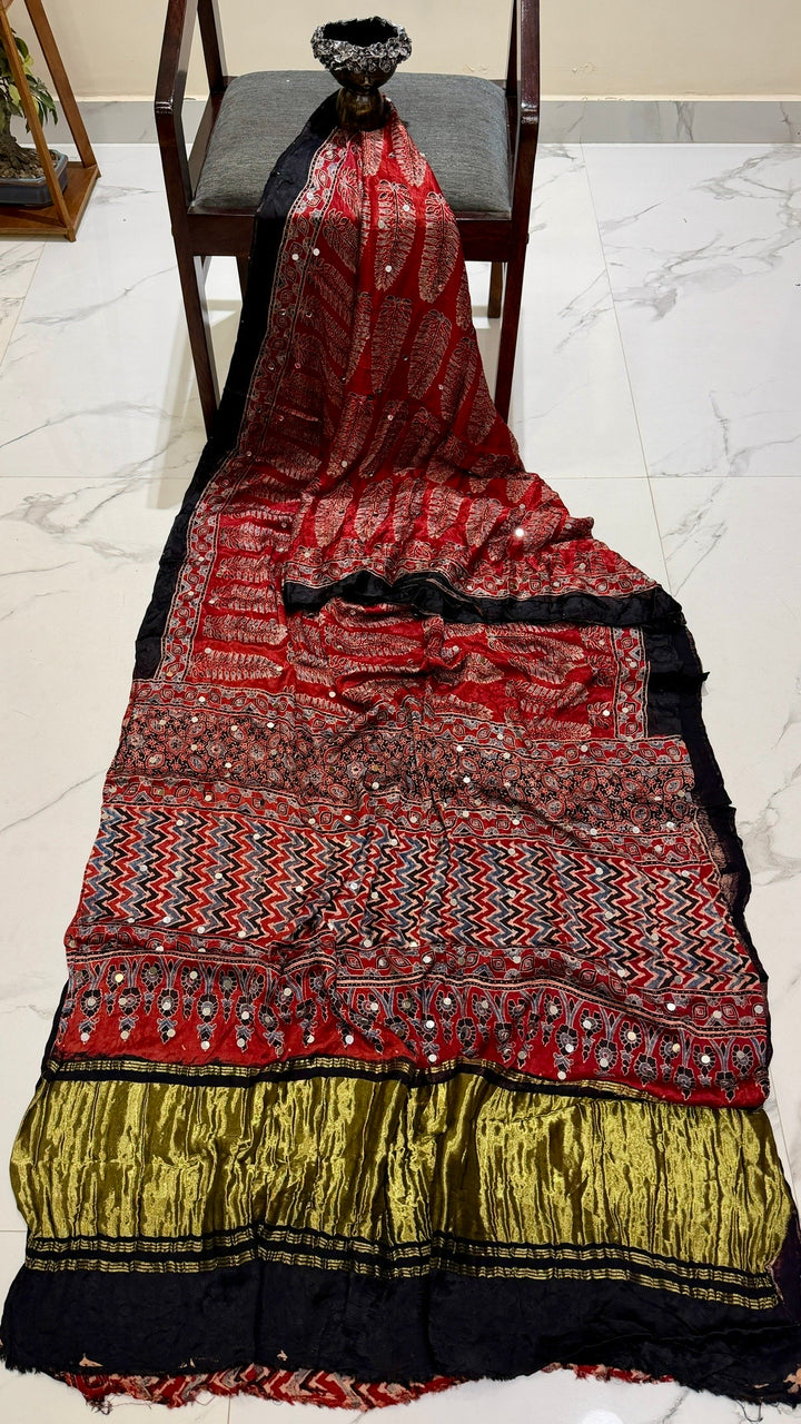 Crimson & Charcoal Ajrakh Hand Block Printed Modal Silk Saree with Mirror Work