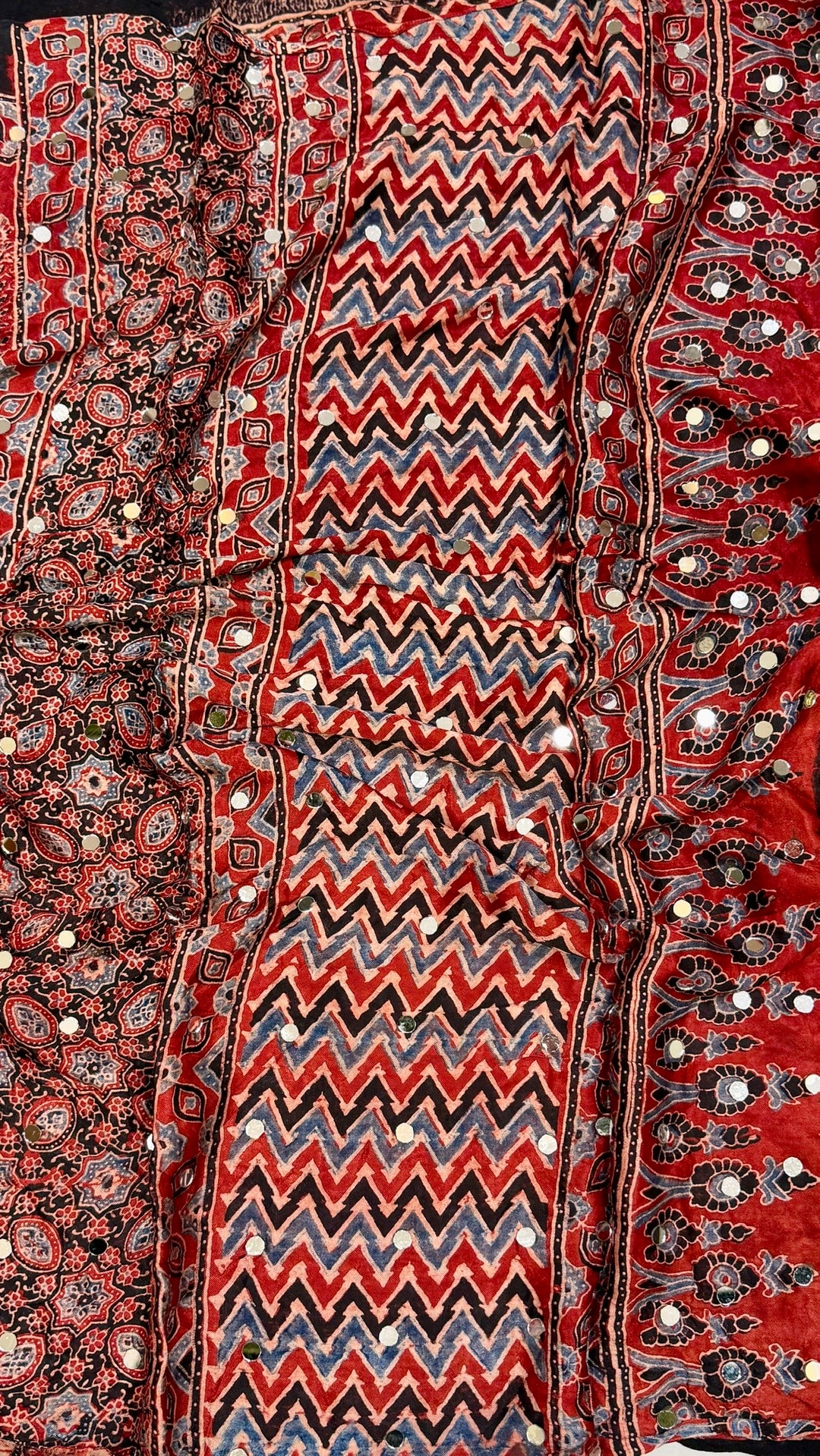 Crimson & Charcoal Ajrakh Hand Block Printed Modal Silk Saree with Mirror Work