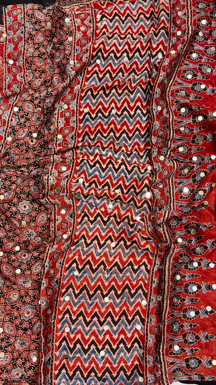 Crimson & Charcoal Ajrakh Hand Block Printed Modal Silk Saree with Mirror Work